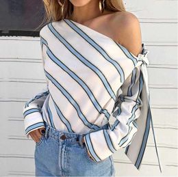 Summer Women New Striped Loose Blouse Fashion Lady Off Shoulder Lace Up Shirts Female Elegant Tops Long Sleeve Chic