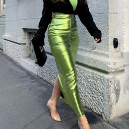 Skirts Sexy Sparkly Slit Long Women High Waist Metallic Green Slim Maxi Skirt Summer Harajuku Elegant Fairy Gru Clonges 230817