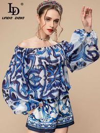 Women's Two Piece Pants LD LINDA DELLA Designer Summer Blue And White Porcelain Shorts Suit Women's Lantern sleeve Loose TopShorts Two Piece Set J230816