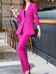 Women's Two Piece Pants Blazer Pantsuits Set Office Ladies Women Black Purple Business Single Buttons Jackets Flared Formal Suit