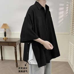 Men's Casual Shirts Told Tale Y2k Blouse Men Side Buttons Black White Ice Silk Shirt Harajuku Pleated Button Up Korean Short Sleeve