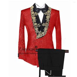 Men's Suits Red Jacquard With Gold Lace Applique Shawl Lapel Groom Tuxedos 2 Pieces Sets Male Prom Blazers Wedding Party Outfit