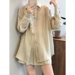 Women's Sleepwear Summer Women Thin Pajama Set Long Sleeve Solid Ladies Oversize 2 Pcs With Shorts Single Breasted Loose Homewear Female