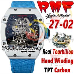 RMF 27-02 Mens Watch Real Tourbillon Mechanical Hand Winding TPT Quartz Carbon Fibre Case Skeleton Dial Blue Nylon Strap 2023 Super Edition Sport eternity Watches