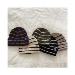 Berets Kids Wool Hat Trend Autumn Winter Warm Striped Knitted Korean Rolled Edge Pullover Cold Cap