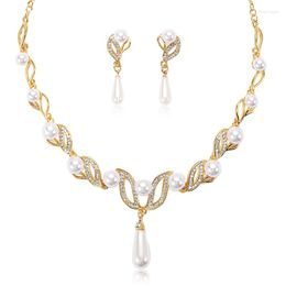 Necklace Earrings Set European And American Pearls Suite Female Fashion Temperament Alloy Drop-Shaped Bride Formal Dress