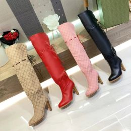 Designer shoes, ong boots, thick heels, women's shoes, genuine leather zipper letter lace up tassel boots, designer shoes, women's high heels, over knee boots