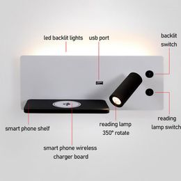 Wall Lamp Bedroom Led Lamps Smart Wirelss Charging Shelf And Rotating Reading For Night Book Wakeup Lampada
