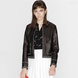 Women's Leather 2023 Genuine Coat Jacket Handmade Rivet Water Dyed Natural Sheepskin Short Round Neck Ladies Slim Coats