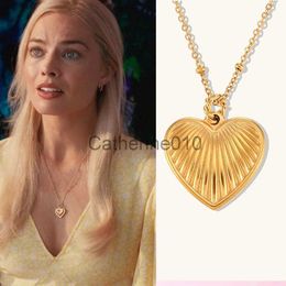 Pendant Necklaces Gold Plated Stainless Steel Ridge Heart Charm Necklace Dainty Bobble Chain Margot Robbie Movie Striped Heart Pendant For Women J230817