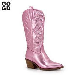 Boots GOGD Fashion Women Cowboy Short Ankle Boots for Women Chunky Heel Cowgirl Boots Embroidered Mid Calf Western Boots 230816
