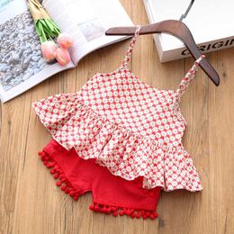 Clothing Sets New Summer Girls Clothing Set Sweet Lotus Leaf Flower Suspender Skirt Top Tassel Shorts 2Pcs Suits Cute Baby Kids Clothes