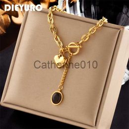 Pendant Necklaces DIEYURO 316L Stainless Steel Heart Black Stone Pendant Necklace For Women New Trend Girls OT-Buckle Chain Jewelry Festive Gifts J230817