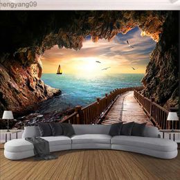 Tapestries Cave Path Ocean Tapestry Landscape Wall Hanging Room Decoration Living Room Bedroom Background Thin Wall Cloth Carpet Ceiling R230817