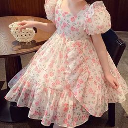 Girl's Dresses Girls' Dress Fashionable Children's Bubble Sleeve Fragmented Flower Princess Dress Summer New Little Girls' Net Red Dress