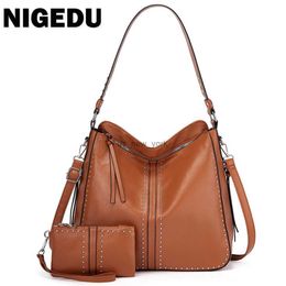 Hobo NIGEDU Women handbags and purse brand design ladies Hobos shoulder messenger bag Large capacity PU Leather Big Totes brown HKD230817