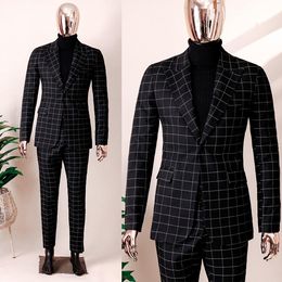 Black Plaid Men's Wedding Suits Peaked Lapel Slim Fit Tuxedos Groom Wear Evening Party 2 Pieces Jacket With Pants Custom Made