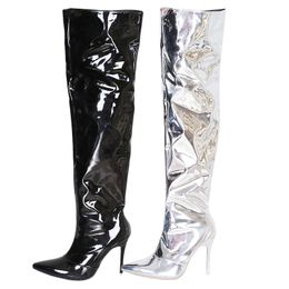 Boots Sexy Silver Mirror Thigh High Boots Women T Show Pointy Toe Club Party Shoes Thin High Heels Over The Knee Long Boots For Women 230816