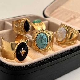 Band Rings Bohemia Turquoise Natural Stone Wide Open Rings for Women 14K Gold Plated Stainless Steel Ring Finger Rings Women Jewelry Gifts J230817