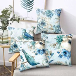 Pillow Case Blue flower and bird printed polyester square cushion cover for home living room sofa office decoration case 45x45cm HKD230817