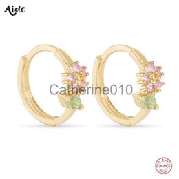 Charm Aide 925 SterlSilver Fresh Blue Pink Green Zircon Crystal Flower Leaf Huggie Earrings For Women 10mm Circle Hoop Earrings J230817