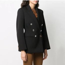 Women's Suits 2023 Fall Double Breasted Long Sleeve Jacket Customized Hardware Fashion Tops Y2k Hand Sewn Beaded Trim Black Suit
