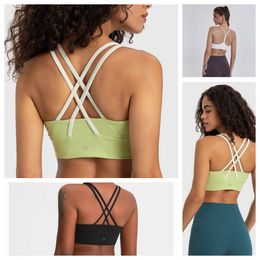 Longline Classic Yoga Bra Buttery Soft Sports Bra Fashion Vest Skin-Friendly Lingerie Cross Strap Brassiere with Removable Cups Women Tank Tops Gym Y-Shaped