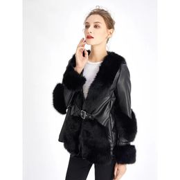 2023 Autumn Winter Furry Black Faux Fur Coat Women V Neck Splicing PU Leather Faux Fur Jacket Cardigan Women Fur Coats