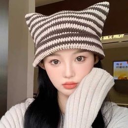 Autumn And Winter New Handmade Crochet Little Devil Stripe Woollen Hat Women's Warm And Cute Cat's Ears (Steamed Cat-ear Shaped Bread) Knitted Hat