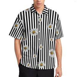 Men's Casual Shirts Black White Line Shirt Daisy Print Beach Loose Hawaiian Streetwear Blouses Short-Sleeve Graphic Oversize Top