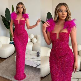 Rosy Pink Mermaid Evening Dresses Feathers Shoulder Sequins Pearls Party Prom Formal Long Red Carpet Dress For Special Ocn