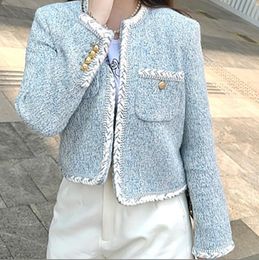 816 2023 Autumn Brand Same Style Coat White Long Sleeve Coat Crew Neck Blue Button Fashion Luxury Womens Clothes xue