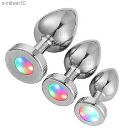 Anal Toys Light Up Metal Anal Plug NO Vibrator Butt Plug Jewellery Crystal Ball Insert BDSM Luminous Sex Toys for Male Female HKD230816