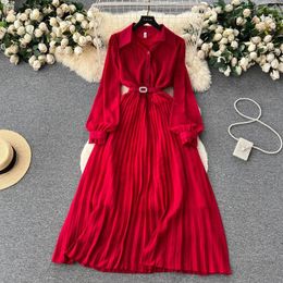 Casual Dresses Retro Solid Plelated Elegant Chiffon Dress A-line Long Sleeve Turn-down Collar High Waist Women Summer