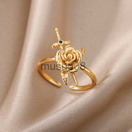Band Rings Vintage Rose Flower Sword Pendants Rings For Women Stainless Steel Romantic Flower Finger Couple Ring Wedding Jewellery Gift 2023 J230817
