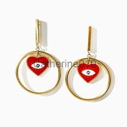 Charm ALLNEWME Punk 18K Gold Silver PVD Plated Titanium Steel Red Enamel Large Hollow Heart Evil Eyes Long Drop Earrings for Women J230817