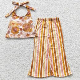 Clothing Sets Wholesale Infant Children Flower Set Baby Girl Toddler One Shoulder Top Kids Floral Ribbed Bell Pants Spring Fall Outfit