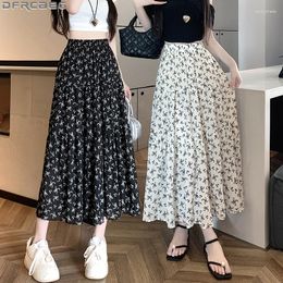 Skirts Vintage Summer Print Floral Skirt Women Elegant Stretch Elastic High Waist Maxi Long A-Line Pleated Jupe Longues Femme