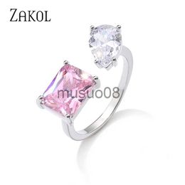 Band Rings ZAKOL Fashion Pink Square Water Drop Open Rings for Women Shinny Cubic Zirconia Wedding Adjustable Ring New Ins Style Jewelry J230817