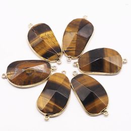 Pendant Necklaces Natural Tiger Eye Stone Irregular Connector Slice Necklace Gold Plated Edge Charm Diy Fashion Jewellery Wholesale 6Pcs