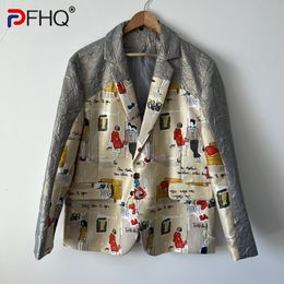 Men's Suits Blazers PFHQ Splicing Contrasting Color Illustrations Printing Fun Versatile Cartoon Creativity Att Suit Coat 21Z1626 230816