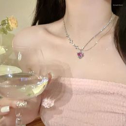 Choker Y2K Heart Crystal Necklace For Women Kpop Pink Zircon Star Pendant Double Layer Chain Sweet Love Punk Gothic Jewelry