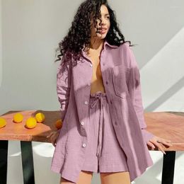 Women's Sleepwear Matching Sets Pyjamas Women Long Sleeves Button Shirts Short Pants Suit Solid Colour Female Two Piece Nightwear