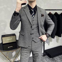 Men's Suits Suit 3 Piece Grey Wool Tweed Herringbone Business Vintage Classic Pattern Tuxedo For Wedding Pants Vest