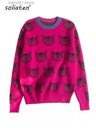 Women's Sweaters High Quality Runway Designer Cat Print Knitted Sweaters Pullovers Women Autumn Winter Long Sleeve Harajuku Sweet Jumper C-054 T230817