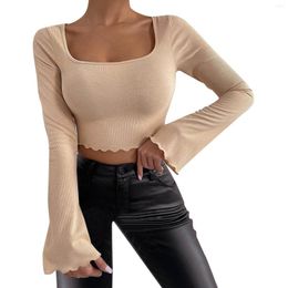Casual Dresses Y2k Women Sexy Crop Tops Flared Long Sleeve Square Neck T Shirt Fashion Solid Colour T-Shirts Ladies Slim-Fit Tees Top