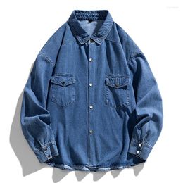 Men's Casual Shirts Washed Retro Jeans Shirt For Men Clothing Loose Cargo Denim Jacket Distressed Patchworked Blouse Wear Long Sleeve Tops