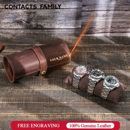 Watch Boxes Cases CONTACT'S FAMILY Watch Roll Travel Case Portable Vintage Cow Leather Display Watch Storage Box with Slid in Out Watch Organizers 230816