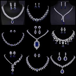 AMC Luxury Dark Blue Necklace And Earring Set AAA Cubic Zirconia Navy Blue Jewellery Set for Women Bridal Party Accessories Gifts x0817