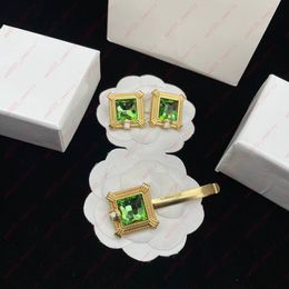 Designer Brass material Beauty Statue Green crystal square Earring Stud, Hair Clips & Barrettes, fashion classic ladies gifts, high quality with box